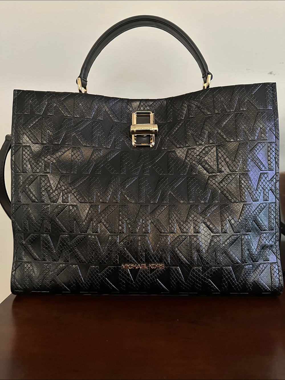 Michael Kors Penelope Large Satchel Black Snake Embossed MK Logo NWT $498
